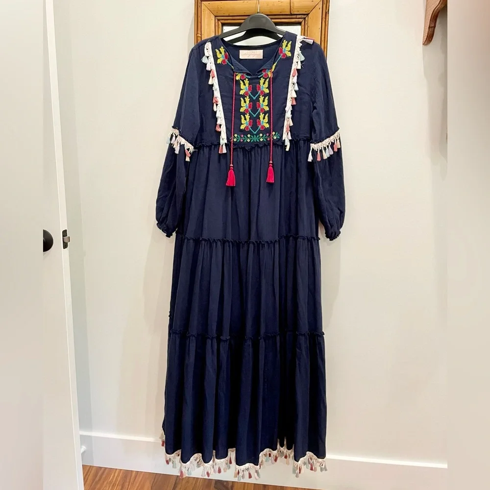 Secret Language navy embroidered tassel dress maxi medium - Picture 2 of 5